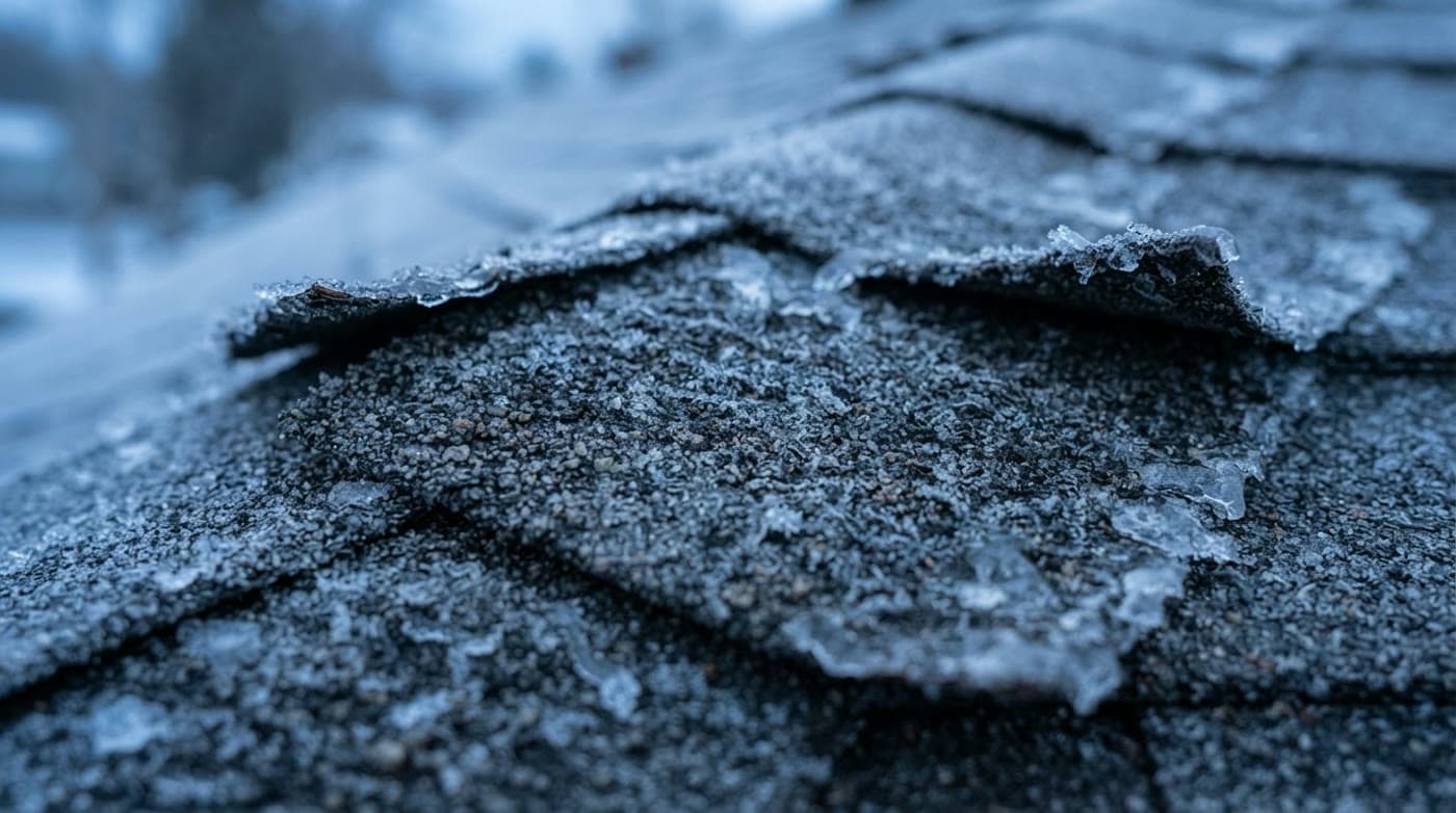 Frost on aged gray asphalt shingles at winter dawn