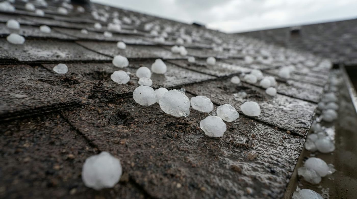 Hailstones scattered across brown asphalt shingles after a storm