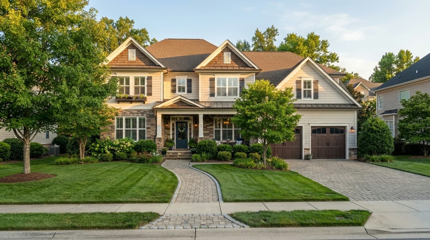 A well-kept suburban home with a clean asphalt shingle roof in late afternoon light