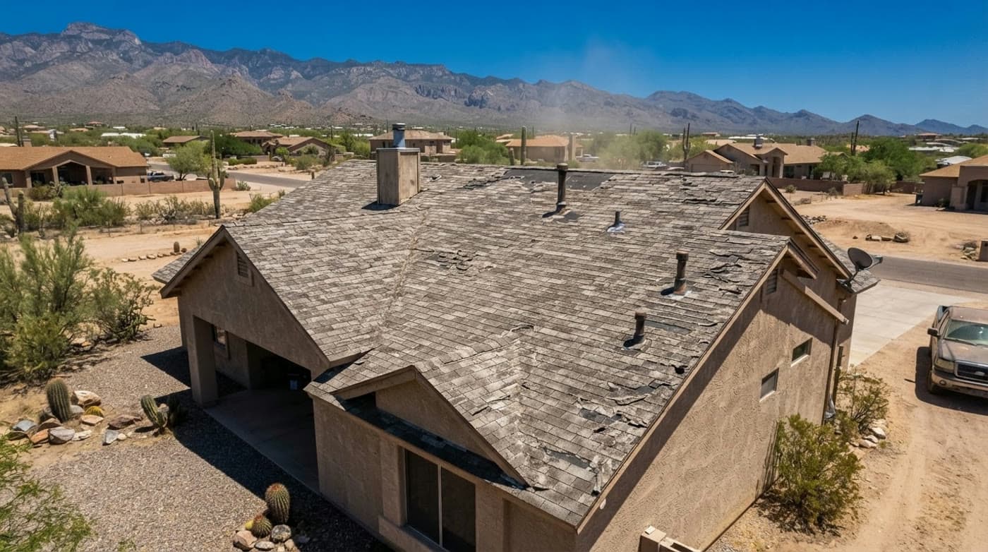 A sun-baked asphalt shingle roof with bare patches where granules have worn away