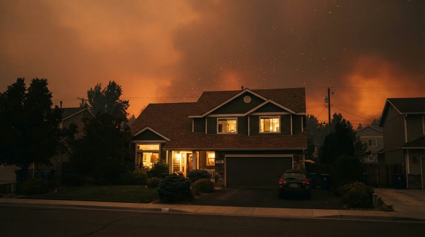 A suburban home under an orange wildfire smoke sky, embers drifting above the roof