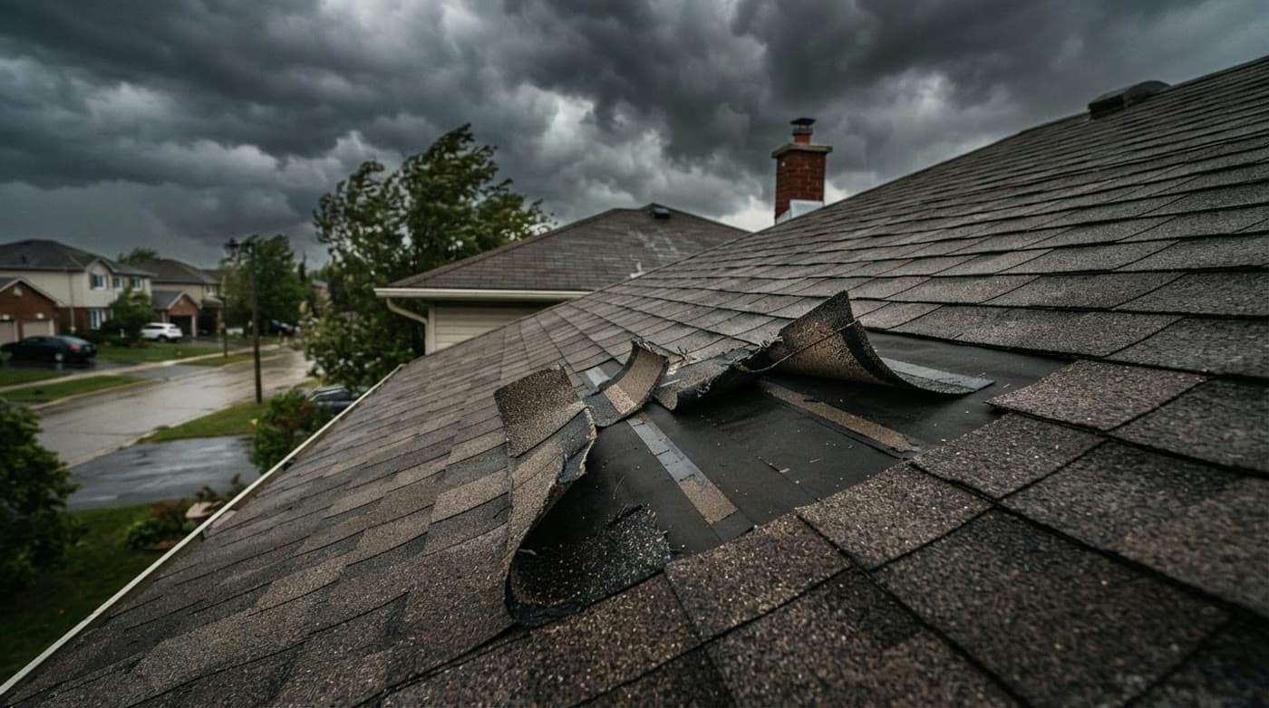 Wind lifting the tab edges of asphalt shingles under dark storm clouds